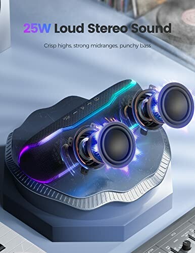 25W loud stereo sound speaker with vibrant lights and text describing crisp highs, strong midranges, and punchy bass.