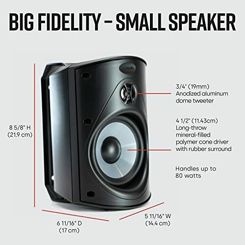 Black speaker with dimensions and features labeled, including aluminum dome tweeter and polymer cone driver.