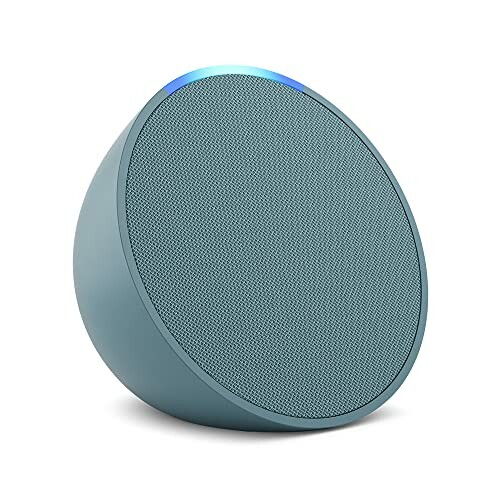 Blue circular Bluetooth speaker with mesh front and LED light.