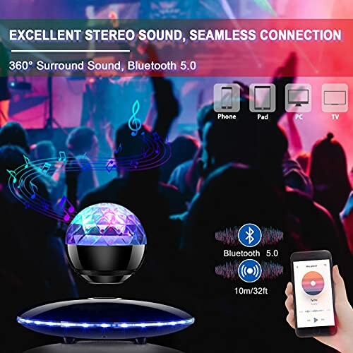 Bluetooth speaker with colorful party lights and seamless connection features.