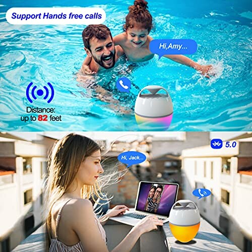 Bluetooth speaker in use by a pool and on a rooftop with distance feature.