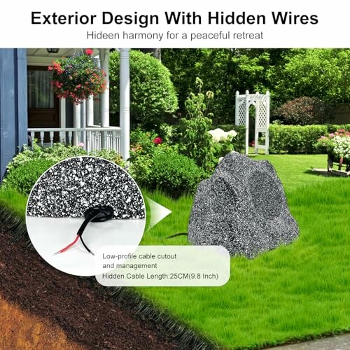 Rock-shaped cable cover for outdoor wire management in garden.