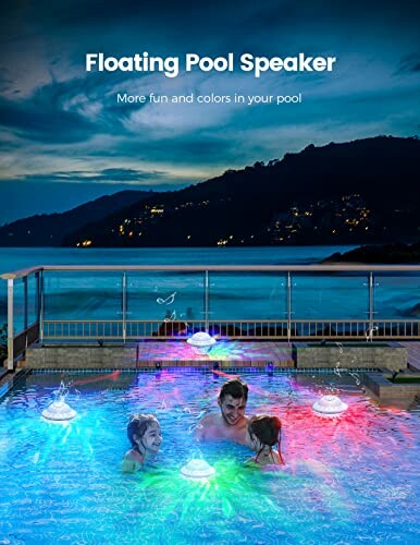 People enjoying a pool with floating speakers emitting colorful lights.