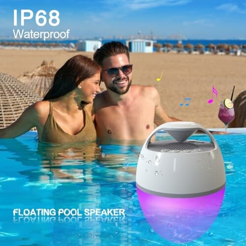 Couple in pool with floating waterproof speaker