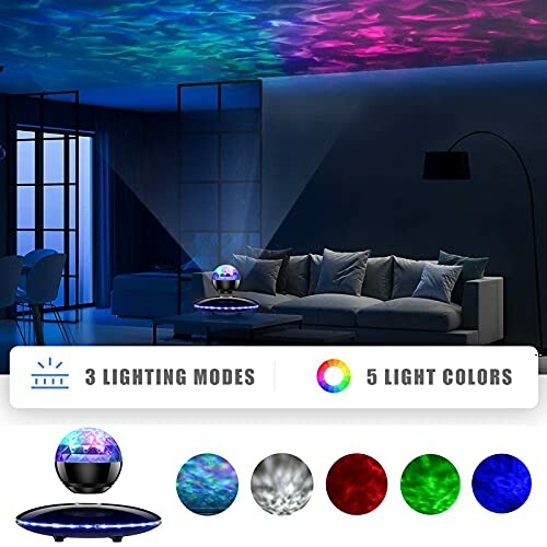 LED light projector with multiple colors and modes in a living room setting.