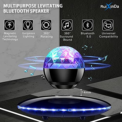 Multipurpose levitating Bluetooth speaker with colorful lights and magnetic levitation technology.