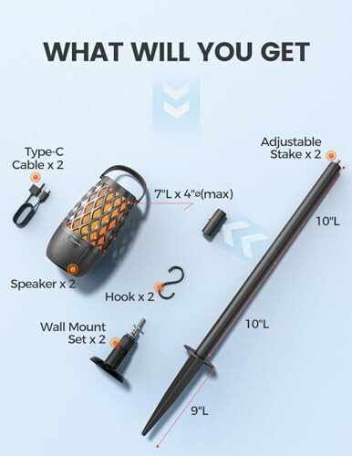 Outdoor light set with speaker, stakes, and mounts.