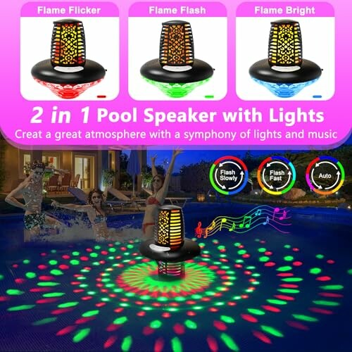 Floating pool speaker with lights in various modes, surrounded by people in a pool.