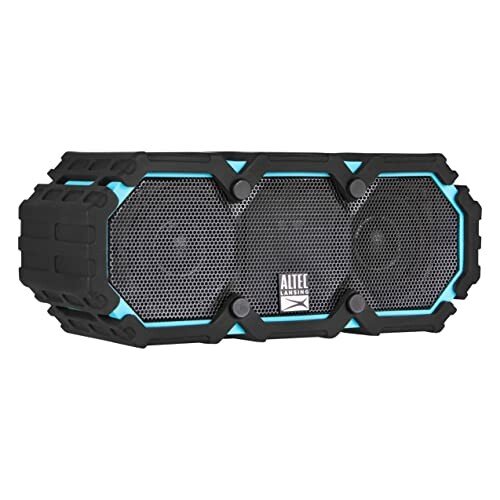 Rugged portable Bluetooth speaker with black and blue design.