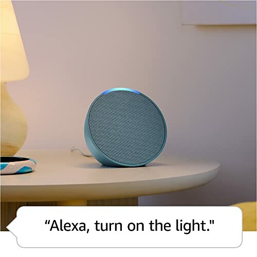 Smart speaker on a table next to a lamp, with command to turn on the light.