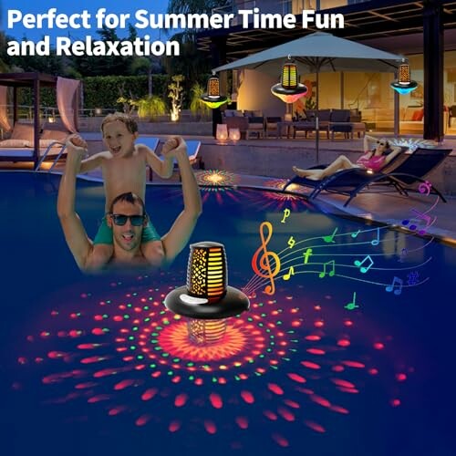 People enjoying a pool with floating LED speakers and musical notes.